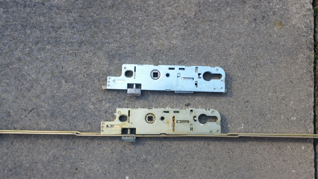 My upvc lock won't open what do I do?, A new replacement gearbox, Image shows old and new multi-point gearboxes